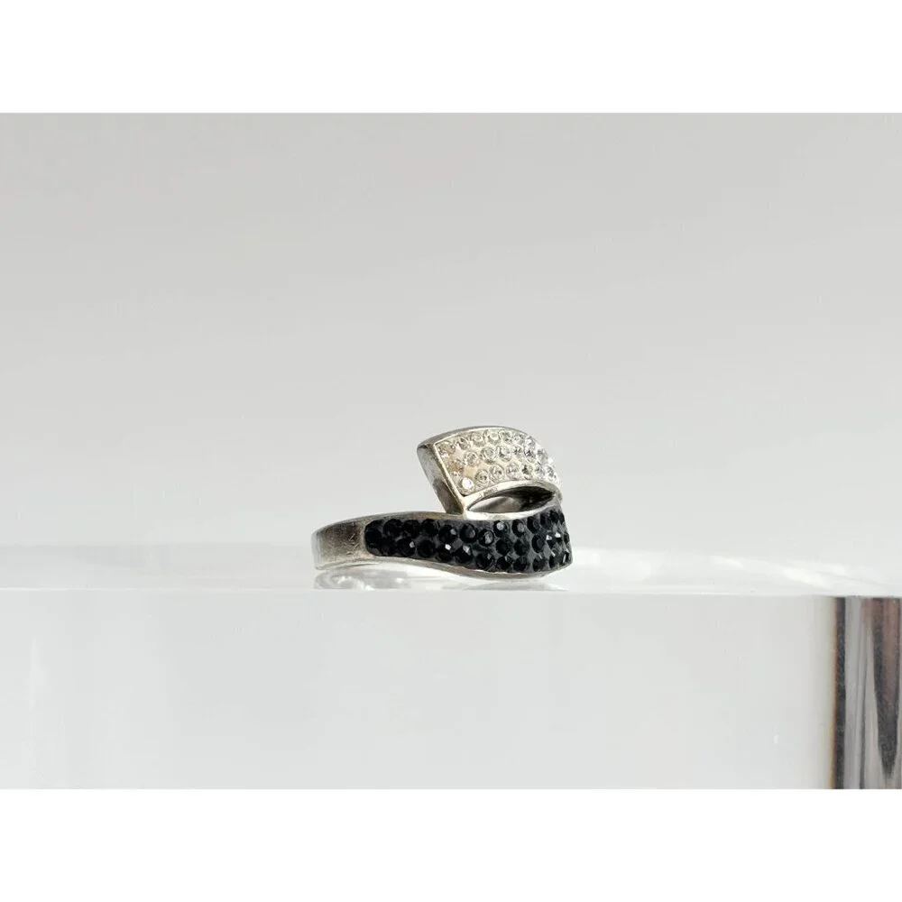 Black Onyx & Simulated Diamond 925 Sterling Silver Vintage Ring - sz 7
